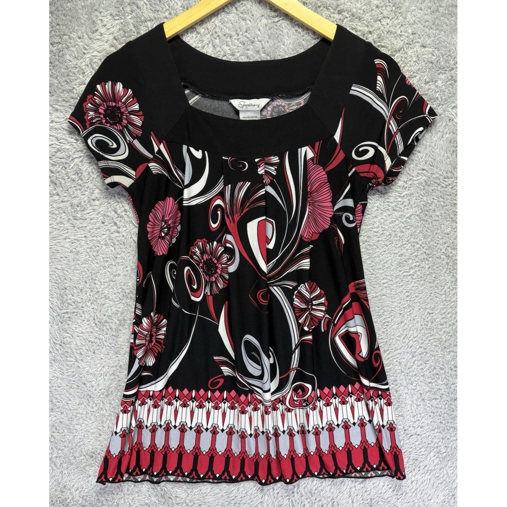 Speechless Womens Small Black Pink Floral Top Short Sleeve Y2K 90s Career Blouse